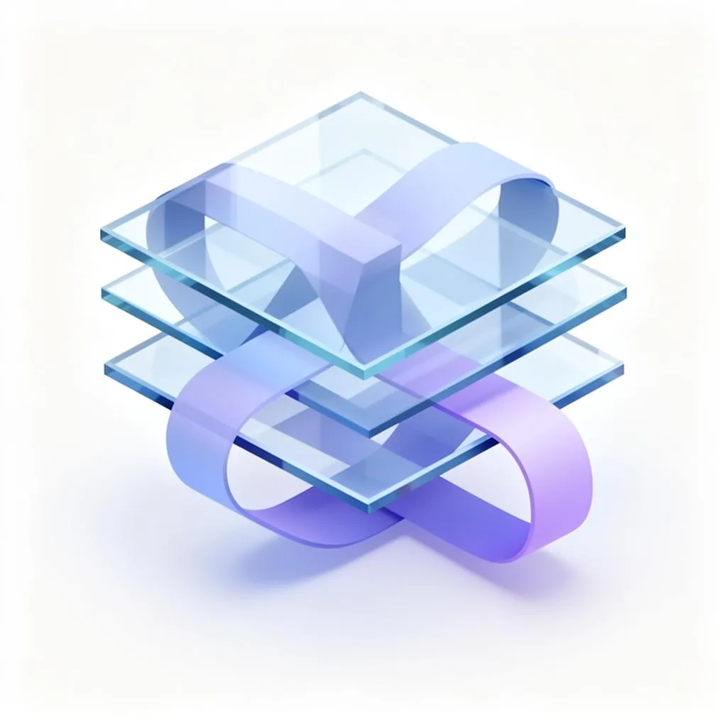 Layered translucent panels and ribbons showing governance integrated with delivery